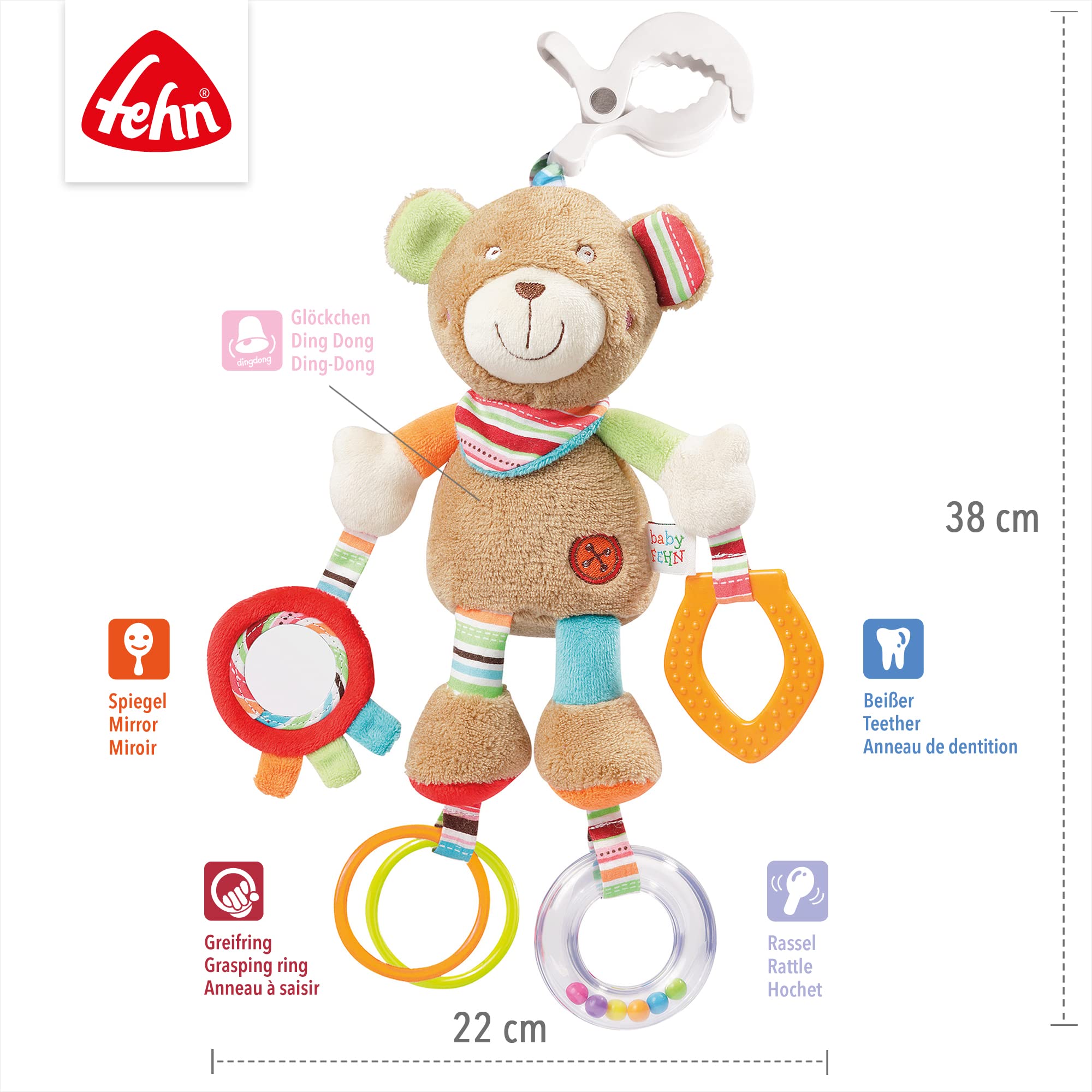 Fehn Activity-Spieltier Teddy – Baby Motorikspielzeug für Kinderwagen, Kinderbett und Babyschale zum Beißen, Greifen und Geräusche erzeugen – Beißring Spielzeug für Babys und Kinder ab 0+ Monaten
