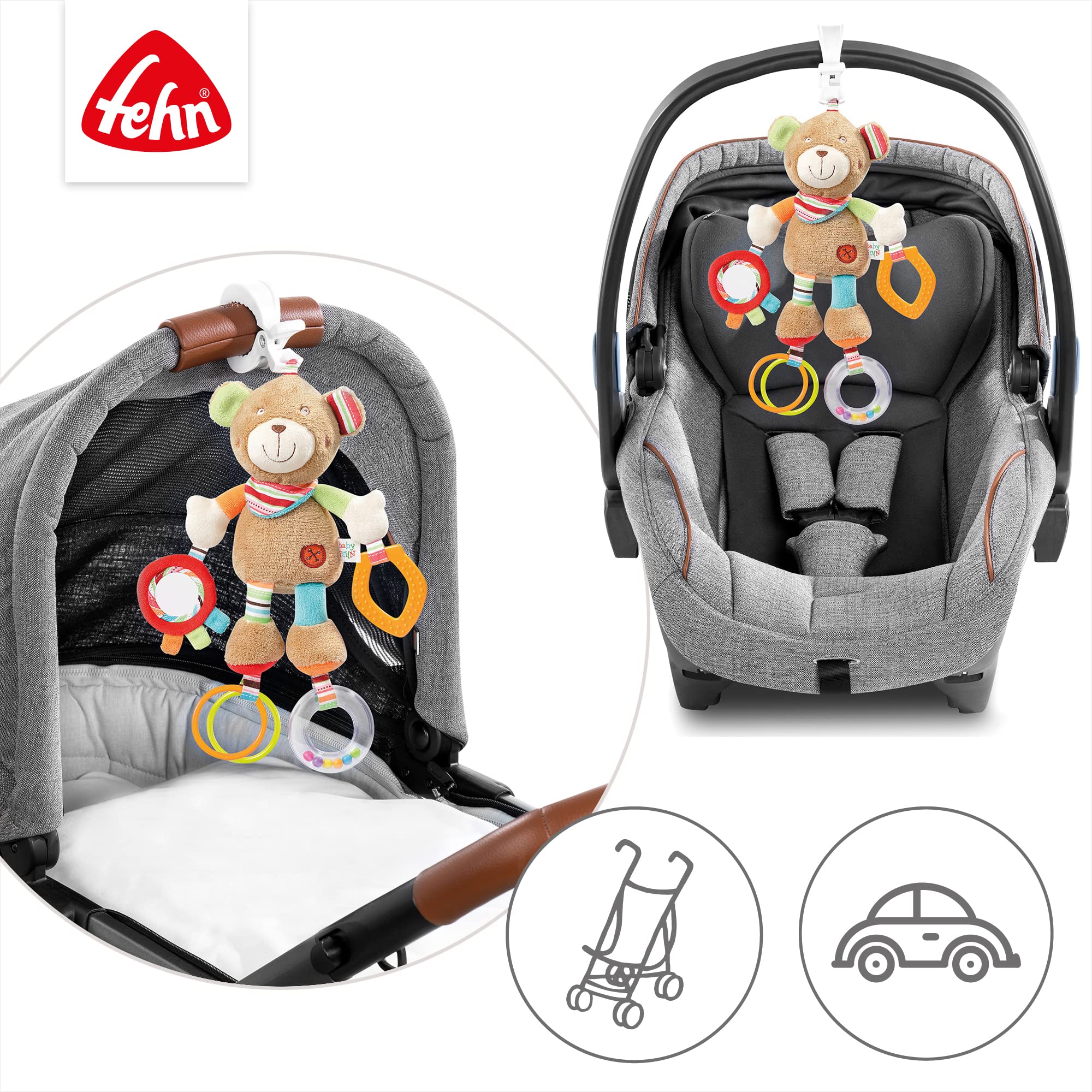 Fehn Activity-Spieltier Teddy – Baby Motorikspielzeug für Kinderwagen, Kinderbett und Babyschale zum Beißen, Greifen und Geräusche erzeugen – Beißring Spielzeug für Babys und Kinder ab 0+ Monaten