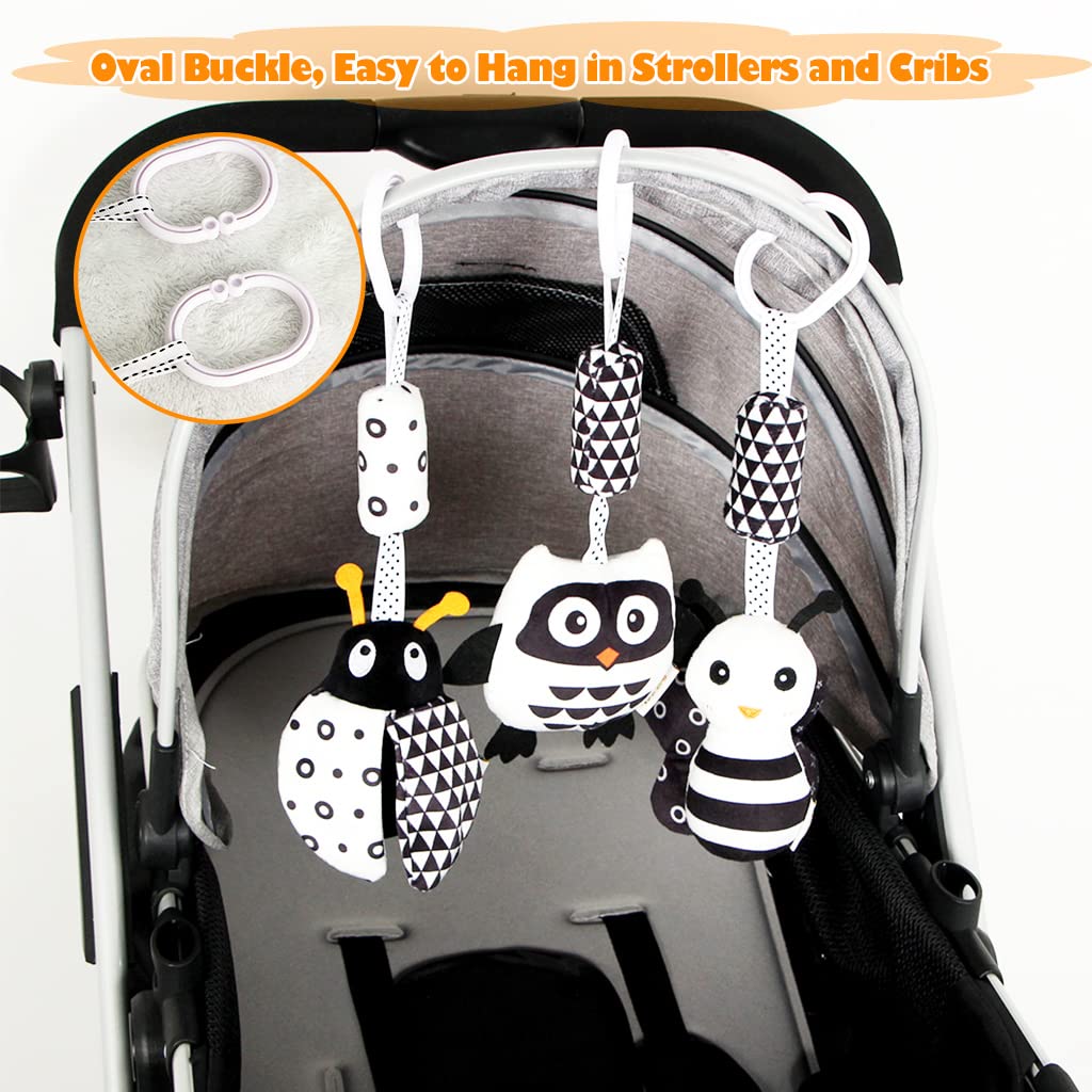 KAKIBLIN Hängendes Rasselspielzeug, kontrastreiches Baby-Hängespielzeug und Plüsch-Kinderwagen-Spielzeug für Babys von 0–18 Monaten, Autositz-Spielzeug für Neugeborene mit schwarz-weißen