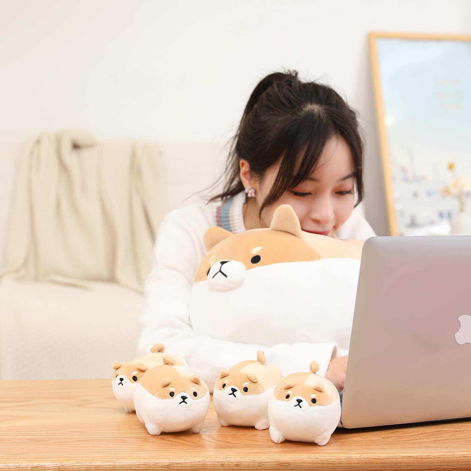 SQEQE Stuffed Animal Shiba Inu Plush Toy with 4 Baby Shiba Inu Plushies in her Tummy, Stuffed Cotton Plush Animal Toy Gift for Kids