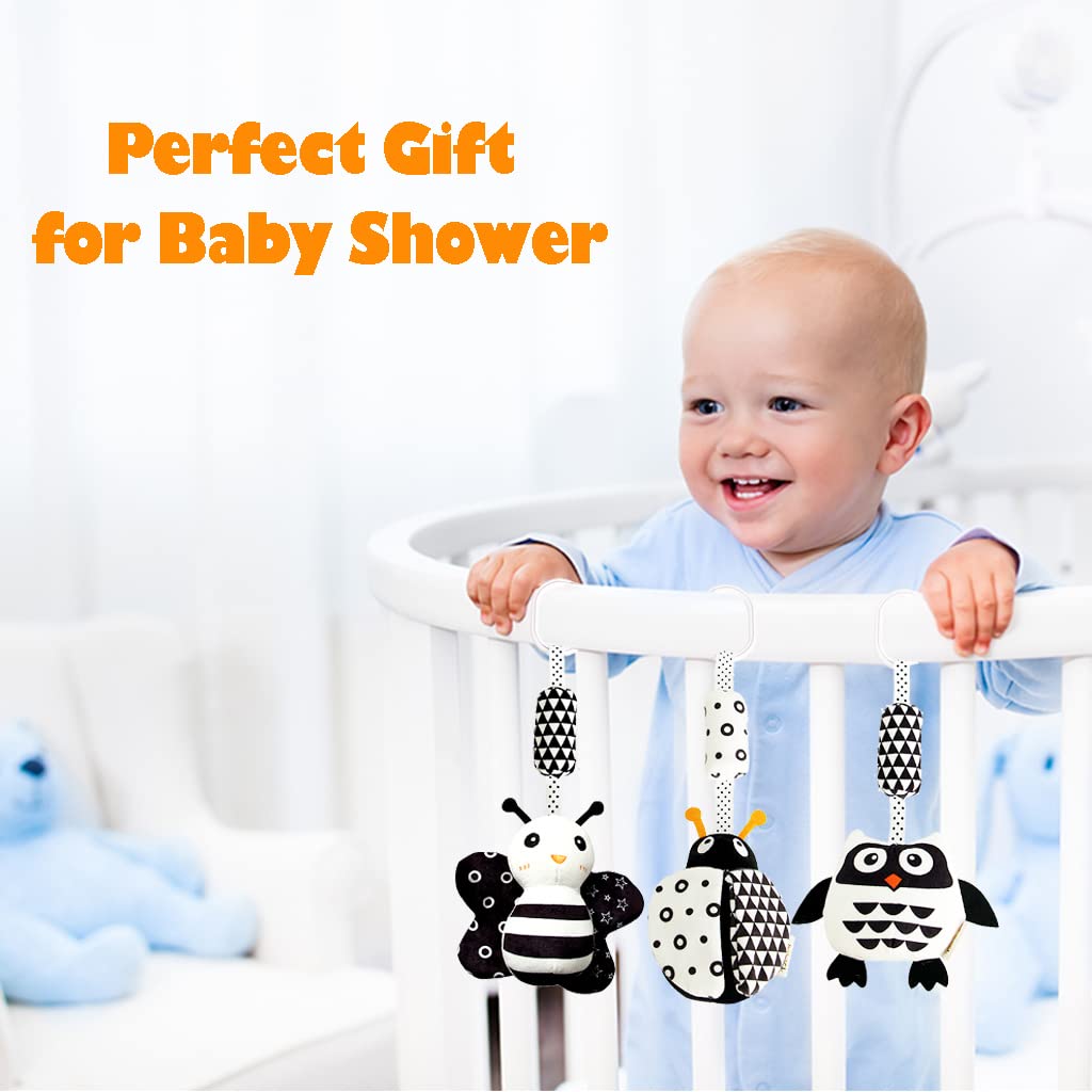 KAKIBLIN Hängendes Rasselspielzeug, kontrastreiches Baby-Hängespielzeug und Plüsch-Kinderwagen-Spielzeug für Babys von 0–18 Monaten, Autositz-Spielzeug für Neugeborene mit schwarz-weißen