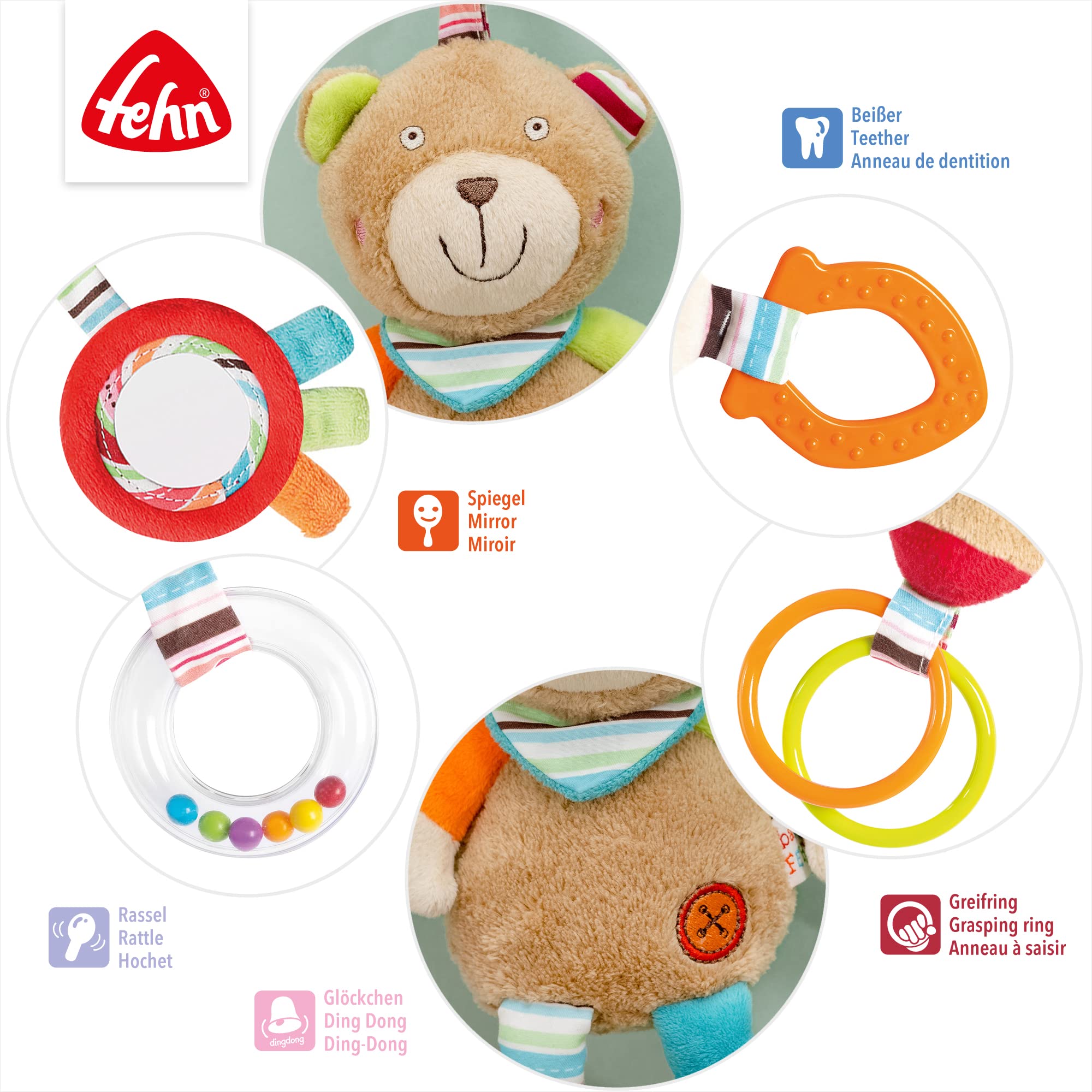 Fehn Activity-Spieltier Teddy – Baby Motorikspielzeug für Kinderwagen, Kinderbett und Babyschale zum Beißen, Greifen und Geräusche erzeugen – Beißring Spielzeug für Babys und Kinder ab 0+ Monaten