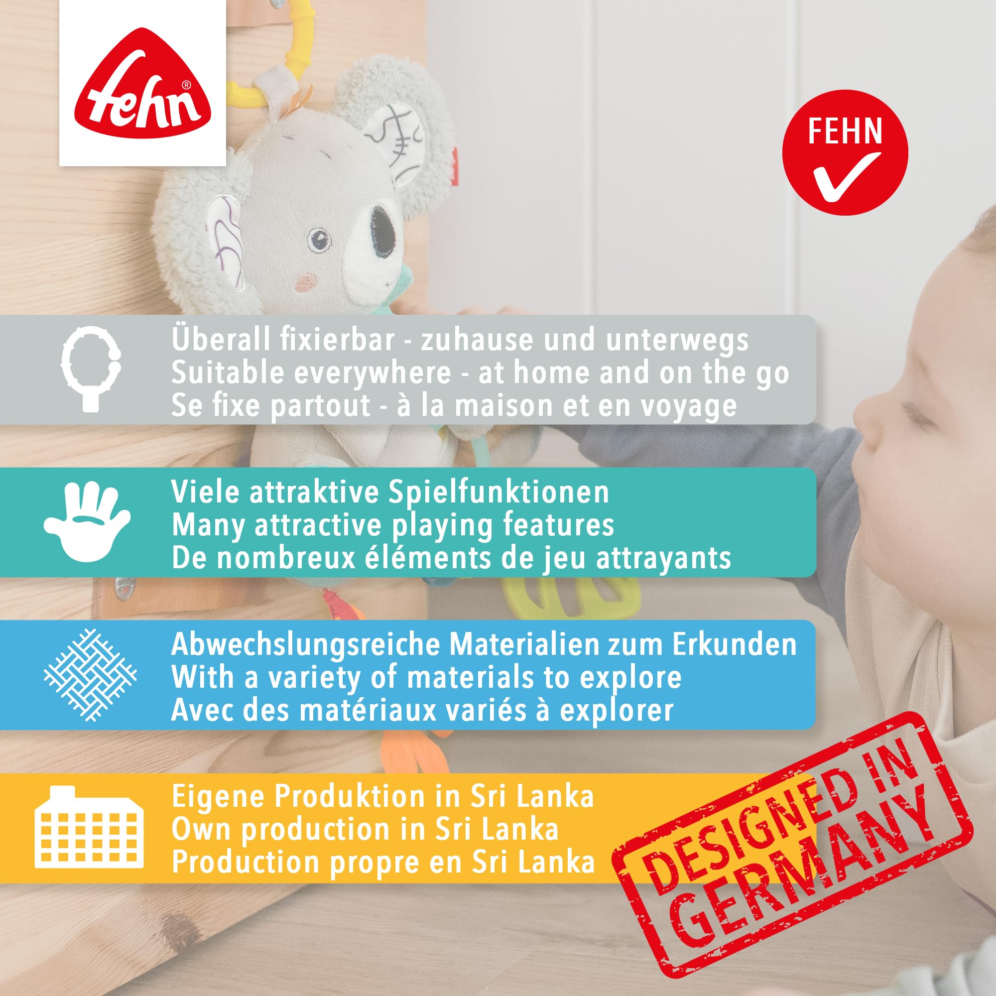Fehn Activity-Spieltier Teddy – Baby Motorikspielzeug für Kinderwagen, Kinderbett und Babyschale zum Beißen, Greifen und Geräusche erzeugen – Beißring Spielzeug für Babys und Kinder ab 0+ Monaten